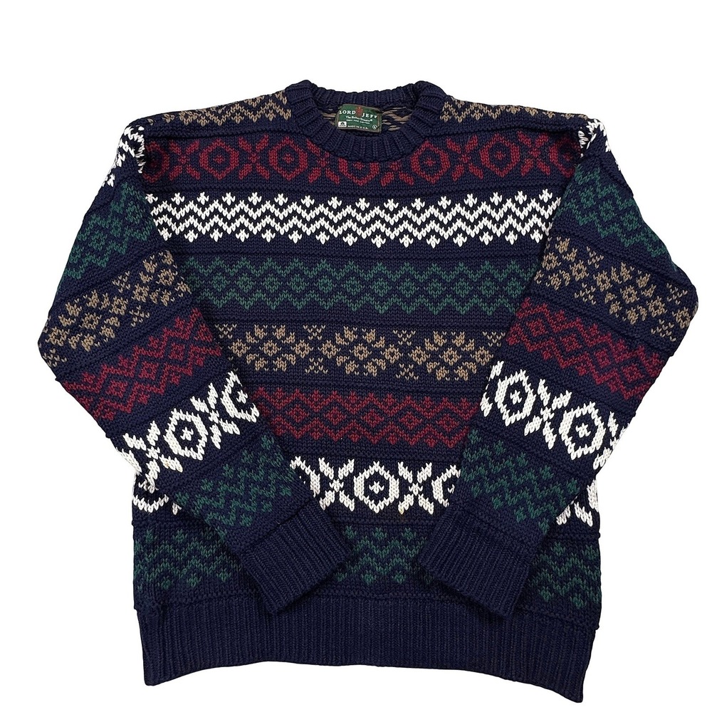 Lord Jeff Mens Cotton Fair Isle Crewneck Sweater Size Large Navy Multicolor EUC!